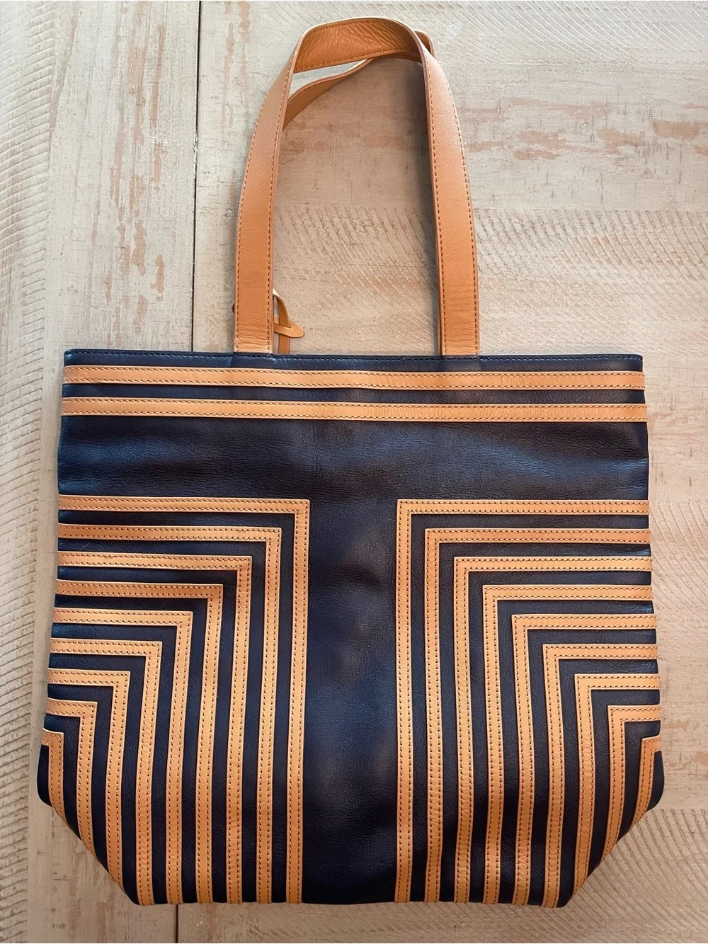 Tory Burch Navy and Tan Geometric Stripe Leather Tote